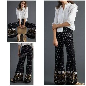 Anthropologie‎ Womens Black High Rise Side Zip Floral Wide Leg Pants